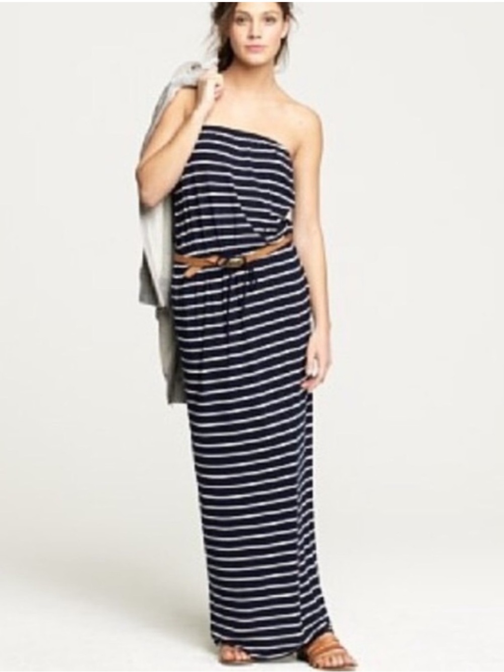 J. Crew Navy & White Strapless Jersey Striped Maxi Dress w Elasticized Waist. L